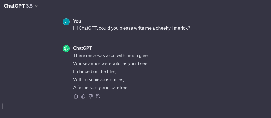 Screenshot of ChatGPT prompt to write a limerick, with a not-so-funny response.
